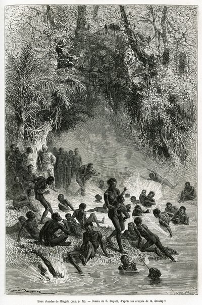 Sir Henri Morton Stanley (1841-1904) midt blant badegjestene i Karagoue-regionen (Kamerun), som stuper ned i det varme og medisinske vannbassenget i Mtagata-juvet, tegnet av Emile Bayard, for å illustrere historien «Gjennom det mystiske Kontinentet", a av Emile Antoine Bayard