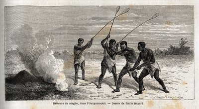 Sorghum-trommeslagere, i ounyamoezi (regionen ved de store innsjøer, Afrika), tegning av Emile Bayard (1837-1891), som illustrerer kaptein Spekes oppdagelsesreise i Afrika fra 1860 til 1863. Gravering i “” Le tour du monde””, redigert av Edouard Charton av Emile Antoine Bayard