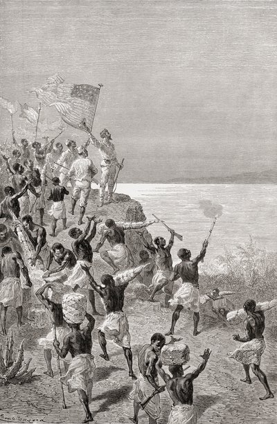Stanley og hans ekspedisjons første observasjon av Tanganyika, Øst-Afrika, i 1872, illustrasjon fra 