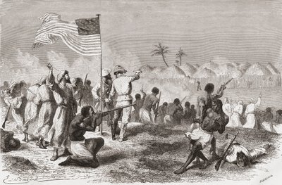 Stanleys angrep på Zimbizo under hans ekspedisjon i 1871, illustrasjon fra 