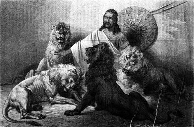 Keiseren (ras) Theodoros av Abyssinia omgitt av løvene sine. gravering fra halvdelen av 1800-tallet. Illustrasjon av Emile Bayard. av Emile Antoine Bayard