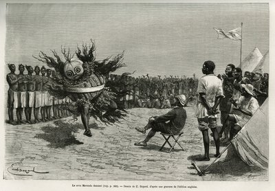 Sova Mavanda (kongen), omgitt av mennene hans som salmer en monoton sang, danser foran majoren. Gravering av Emile Bayard, for å illustrere historien om hvordan jeg har krysset Afrika, fra Atlanterhavet til Det indiske hav, av major Serpa Pinto, av Emile Antoine Bayard