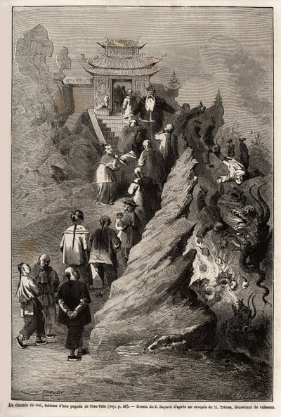 The Way of Heaven, tegning av E.Bayard, basert på et maleri fra en pagode til Tien Tsin, som illustrerer reisen fra Shanghai til Moskva, fra 1859 til 1862, av M.de Bourboulon, Frankrikes minister i Kina. Gravering i "" Le tour du monde"", redigert av Edou av Emile Antoine Bayard