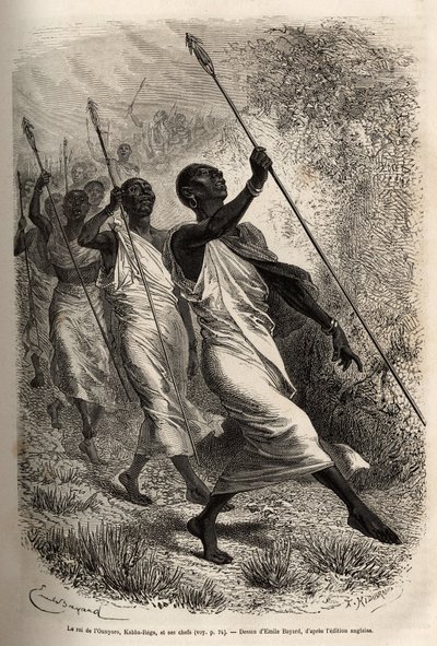 Ankomsten av Kabba Rega, kongen av Ounyoro (østlige Sudan) og høvdingene for hoffet hans, til Sir Bakers leir for et offisielt besøk, gravert etter en tegning av Emile Bayard, som illustrerer en ekspedisjon i Sentral-Afrika, for undertrykkelse av svart av Emile Antoine Bayard