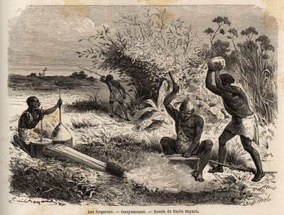 Smedene, i ounyamoezi (de store innsjøene, Afrika), tegning av Emile Bayard (1837-1891), som illustrerer oppdagelsesreisen i Afrika, fra 1860 til 1863 til kaptein Speke. Gravering i "" Le tour du monde"", redigert av Edouard Charton av Emile Antoine Bayard