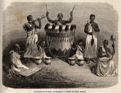 Hoforkesteret, i Karague (vest for Victoriasjøen, dagens Zimbabwe), tegning av Emile Bayard (1837-1891), som illustrerer kaptein Spekes oppdagelsesreise i Afrika fra 1860 til 1863. Gravering i «» Le tour du monde ””, redigert av Edouard Char av Emile Antoine Bayard