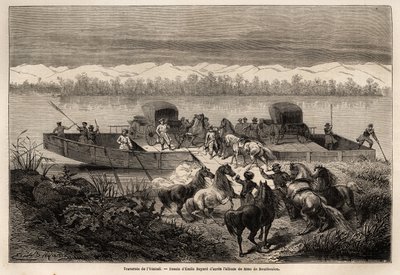 Krysset av Yenissei-elven (Russland), tegning av Emile Bayard (1837-1891) for å illustrere reisen fra Shanghai til Moskva, fra 1859 til 1862, til M. de Bourboulon, Frankrikes minister til Kina. Gravering i "" Le tour du monde"", redigert av Edouard C av Emile Antoine Bayard