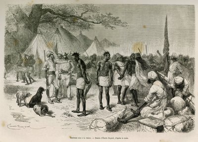 De frekke bærerne av ekspedisjonen satt i kjeden, tegning av Emile Bayard, for å illustrere historien: Across Africa, from Zanzibar (Tanzania) til Benguela (Angola), fra 1872 til 1876, av løytnant V.H.Cameron. Gravering i Le tour du monde av Emile Antoine Bayard