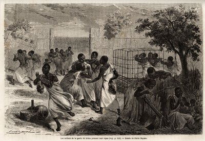 Måltidet til soldatene til vaktholdet til kongen av Uganda, M'Tesa, tegning av Emile Bayard (1837-1891), som illustrerer kaptein Spekes oppdagelsesreise i Afrika fra 1860 til 1863. Gravering i "" Le tour du monde" ”, redigert av Edouard  av Emile Antoine Bayard