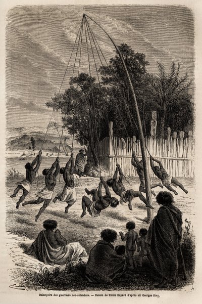 Svingningen av neo-zelandanske krigere i Isthmus of Auckland, tegning av Emile Bayard (1837-1891), for å illustrere Ferdinand de Hochstetters reise til New Zealand fra 1858 til 1860. Gravering i “” Le tour du monde””, redigert av Edouard Charton av Emile Antoine Bayard