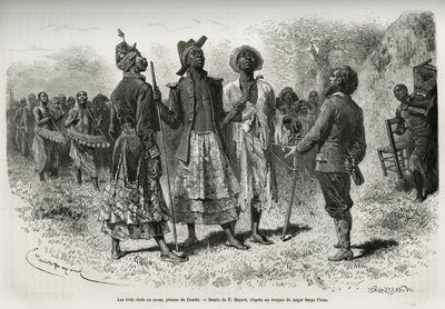 De tre ledere (eller sovas), Princes av Dombe (Angola), og deres suite av musikere og courtier, kommer til å møte den oppdag S.Pinto. Gravering av Emile Bayard, for å illustrere historien hvordan jeg har krysset Afrika, fra Atlanterhavet til det indiske av Emile Antoine Bayard