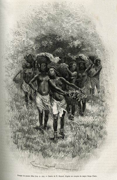 En gruppe unge jenter som bærer kurver fylt med mat for forsyning av S.Pinto og hans menn. Gravering av Emile Bayard, for å illustrere historien om hvordan jeg har krysset Afrika, fra Atlanterhavet til Det indiske hav, av major Serpa Pinto, i 1877-1878, pu av Emile Antoine Bayard