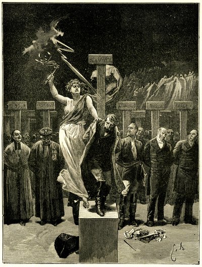 Victor Hugo, Les Chatiments, illustrasjon av Emile Bayard. "" Det ville være en feil å tro at disse tingene/vil ende opp med sanger og apoteoser""". Det sies at denne evokasjonen av fremtiden forårsaket frykten for Napoleon 3. av Emile Antoine Bayard