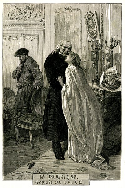 Victor Hugo "The Miserables", "The Last Gorgee of the Chalice". Illustrasjon av Emile Bayard. Den tidligere forkatten Jean Valjean ble gammel med Cosette og Marius. Gravering av utgaven Ollendorff 1906. av Emile Antoine Bayard