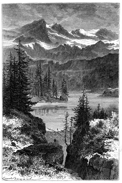 Utsikt over Alpene: skog, innsjø, topper. Illustrasjon av Emile Bayard for boken Les Montagnes d