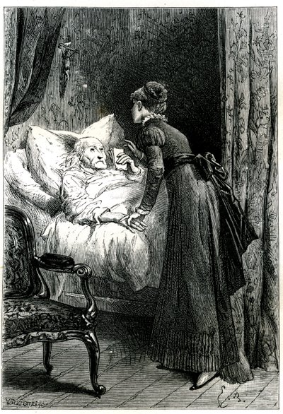 Ung kvinne som tar seg av en gammel mann som dør i sengen sin under et krusifiks som henger fra veggen. Den døende mannen holder sine siste anbefalinger (vilje) for hånd. Gravering av Emile Bayard som illustrerer Jules Sandeaus bok "Mademoiselle de la Seig av Emile Antoine Bayard