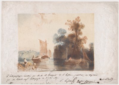 Landskap med elv og båter, 1837 av Emile Aubert Lessore
