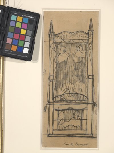 Design for et skap/stol (svart kull på brunt vevd papir) av Emile Bernard