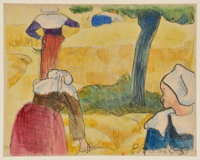 Kvinner under innhøstingen - Hyrdenes tilbedelse - Høstmannen [prøvetrykk A] av Emile Bernard
