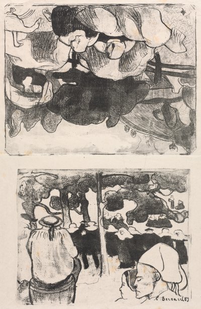 Les Bretonneries: Bretonske kvinner som lager høystakker (Bretonnes Faisant les Foins) og bryllup i Bretagne (La Noce en Bretange) av Emile Bernard