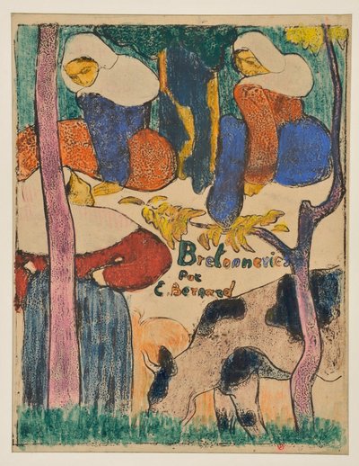 Drei Frauen und eine Kuh auf einer Wiese av Emile Bernard