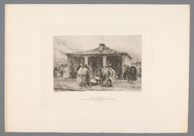 Gruppesoldat i en leir Metz 8. oktober 1870/ Bivuakk for isolerte kavalerisoldater på Place Saint Simon i Fort Moselle (tittel på objekt) Frankrike etsen uit 1875 (serietittel) Etsning i 1875 (serietittel) av Emile Boilvin