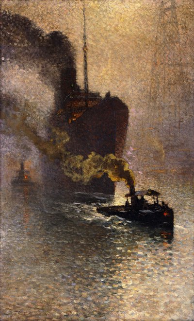 På slep på Themsen i tåken; Escorte sur la Tamise dans le Brouillard - Tatt på slep på Themsen, 1918 av Emile Claus