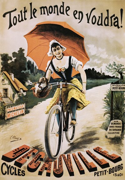 Vintage plakat av kvinne som sykler og holder rød paraply av Emile Clouet