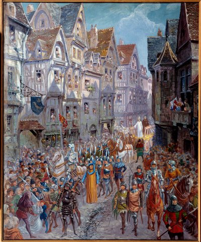 Hundreårskrig: "" Jeanne d'Arc (1412-1431) ledes til tortur"" Utsikt over kortegen i gatene i byen Rouen Maleri av Emile Deshays (1875-1946) 1901. Søn. 0,73x0,6 m Rouen, Musee des Beaux Arts OBS! Bruk av dette verket kan være underl av Emile Deshays