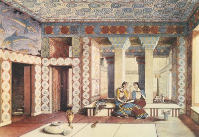 Kunstnerinntrykk av Knossos-palasset, Kreta, ca. 1900 (litho) av Emile Gilliéron