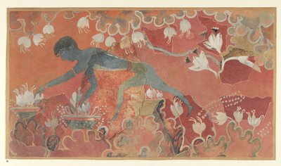 Maleri av freskoen Blue Monkey Saffron Gatherer fra Palace of Minos på Knossos (Evans Fresco-tegning L/3 a)), ca. 1921 (papir, pigment) av Emile Gilliéron