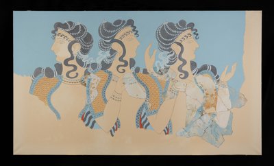 Maleri av de restaurerte damene i blå fresco fra Palace of Minos på Knossos (Evans Fresco Drawing O/7) av Emile Gilliéron