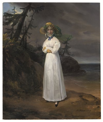 Portrett av enken Comtesse Jean-Henri-Louis Greffulhe i et landskap av Emile Jean Horace Vernet