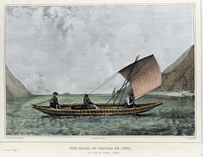 En Balsa eller en utslett båt på Titicacasjøen (Bolivia). Litografi av Emile Lassalle (1813-1871) - i "" Voyage in South America"" av Alcide D