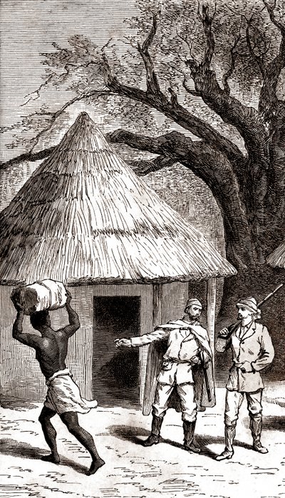 Oppdagelsesreisende og bærere foran en afrikansk hytte, 1887 (#39;etsning#39;) av Emile Mas