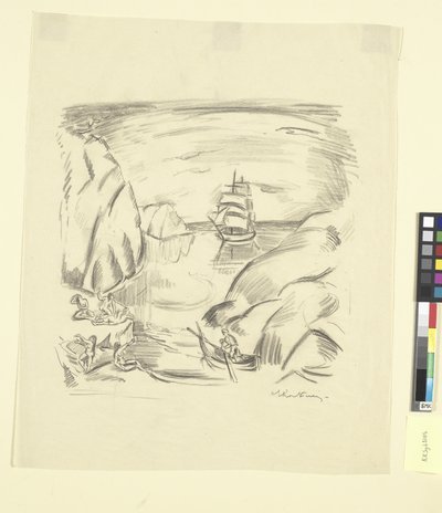 En havbukt med seilskute og badende kvinner av Emile Othon Friesz