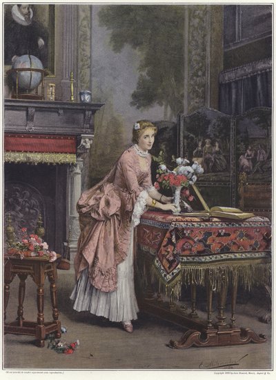 En kvinne plasserer en vase med blomster på et bord av Emile Pierre Metzmacher