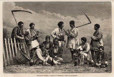 De bulgarske hogstmaskinene, i pausen, med sine falske og gjenstander av deres daglige arbeidskrevende: pipe, flaske vin og en slags biniou, gravering etter tegningen av E.Metzmacher, illustrerer reisen til Bulgaria, av Guillaume Lejean, i 18 av Emile Pierre Metzmacher