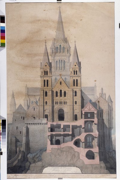 Gotisk arkitektur: fasade av kirken og kuttet av klosterhus. Tegning av det kommunale museet i Avranches (Manche) av Emile Sagot