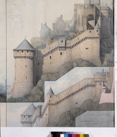 Utsikt over machicoulis mellom Nordtårnet og Claudine Tower of Mont Saint Michel. Tegning av Emile Sagot. Avranches kommunale museum (Manche) av Emile Sagot