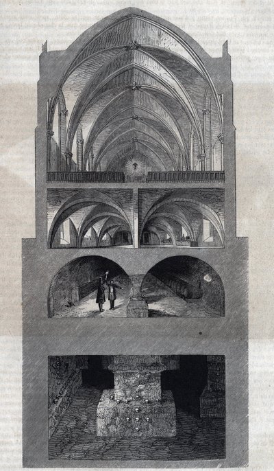 Tverrsnitt av Napoleon videregående skole i Paris (i dag, Lycee Henri IV). Fra topp til bunn: spisesalen, kjøkkenet, kjellerne, katakombene. Gravering av Therond. I "" Le Magasin Picturesque"" av Emile Theodore Therond