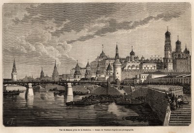 Generelt bilde av Moskva, hentet fra Moskowa, tegning av Therond, for å illustrere reisen fra Shanghai til Moskva, fra 1859 til 1862, til M. de Bourboulon, Frankrikes minister til Kina. Gravering i "" Le tour du monde"", redigert av Edouard Charton av Emile Theodore Therond
