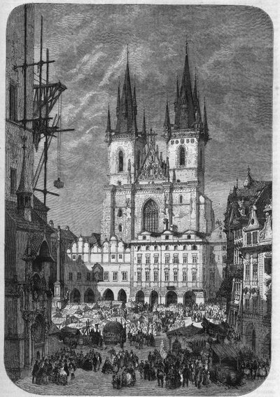 Gothic architecture: exterior view of the Church of Our Lady of Tyn (Teynkirche) in Prague. Its construction lasted from the half of the 14th century to the 16th century. Engraving by Therond In “” Le Magasin Picturesque”” av Emile Theodore Therond