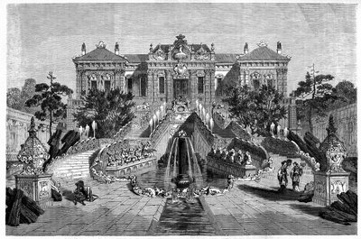 Haiyan Tang Pavilion har vestlig arkitektur i Ete Palace i Pekin (Beijing). Gravering etter en tegning av Therond, i "" Le Tour du Monde, Nouveau journal des Voyages", redigert av Edouard Charton, Paris av Emile Theodore Therond