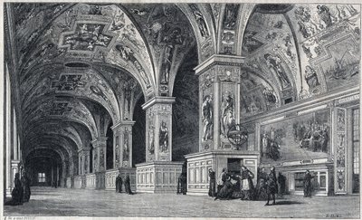Innvendig utsikt over Vatikanets bibliotek på 1700-tallet. Gravering av Therond etter tegning av Francois Pannini. av Emile Theodore Therond