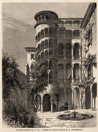 La Scala Antica, tegning av Therond, for å illustrere Adalbert de Beaumonts reise til Venezia, rundt 1850. Gravering i “” Le tour du monde””, redigert av Edouard Charton av Emile Theodore Therond