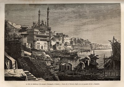 Madhorays ghat (trinn som dekker bredden av en elv som lar deg gå ned i kontakt med vann) og Aurangzeb-moskeen i Benares, gravert etter tegningen av E. Therond, som illustrerer reisen til India av Rajahs, i 1864-1868 , av Louis Ro av Emile Theodore Therond