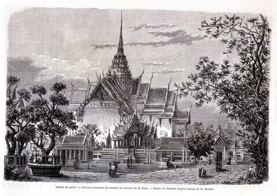Slottshage. Paviljong som inneholder asken til den siste kongen av Siam. Tegning av Thérond fra M. Mouhots album. “Tour du monde” av Emile Theodore Therond