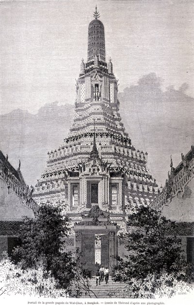 Portalen til den store Wat-Chan-pagoden, Bangkok. Tegning av Thérond. av Emile Theodore Therond