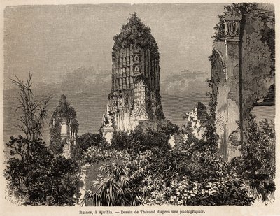 Ruinene tatt i vegetasjonen i jungelen, i Ajuthia (Thailand), tegnet av Therond, for å illustrere reisen gjennom kongedømmene Siam, Kambodsja og Laos, fra 1858 til 1861, av Henri Mouhot. Gravering i "" Le tour du monde"", redigert av Edouard av Emile Theodore Therond